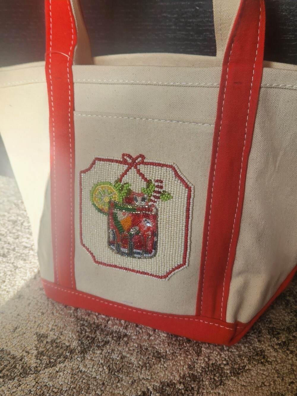 Anthropologie Cream Canvas Tote with Coral Trim and Beaded Cocktail Motif - Picture 9 of 11